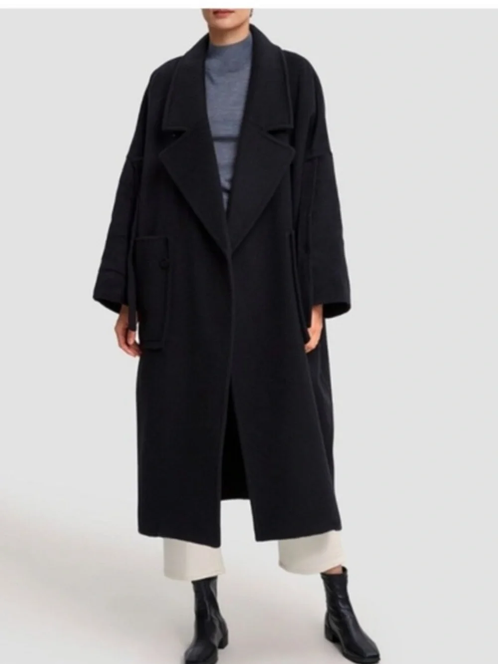 Lattelier Black 100% Wool Oversized Coat Minimalist Long Coat Size L